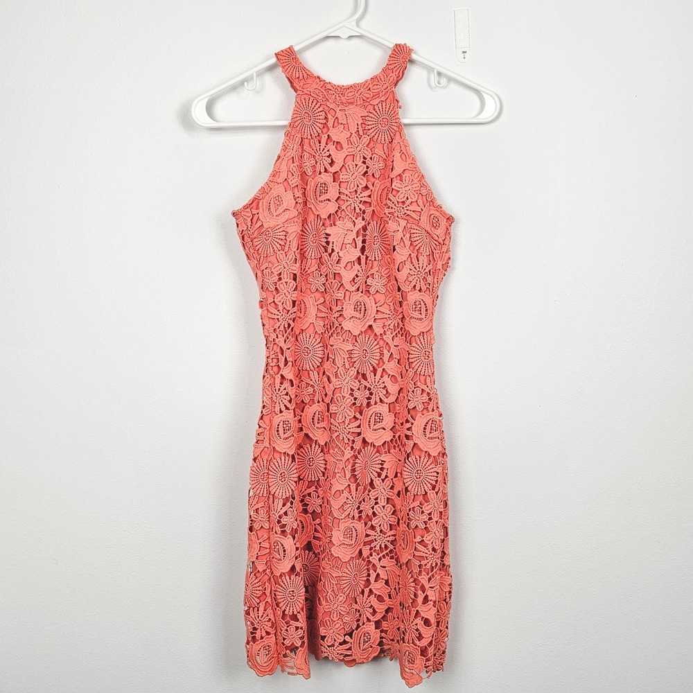 Lulus Love Poem Mini Dress Sz XS Coral Floral Crochet Lace Halter Sleeveless